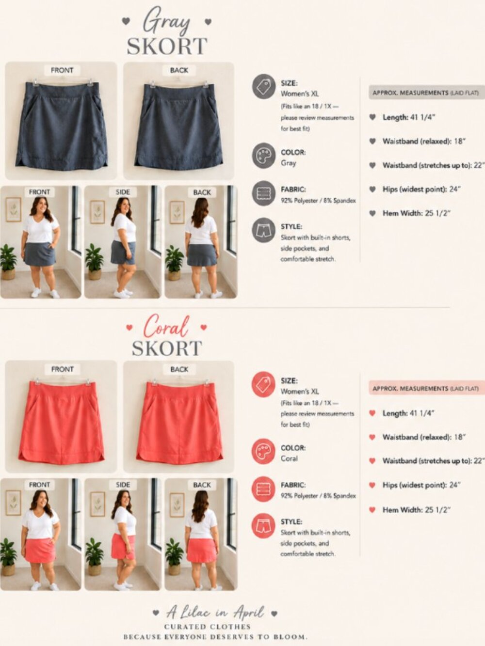 ✨ LOT OF 2 32 Degrees Cool Active Stretch Skorts w/ Pockets | Charcoal & Coral |